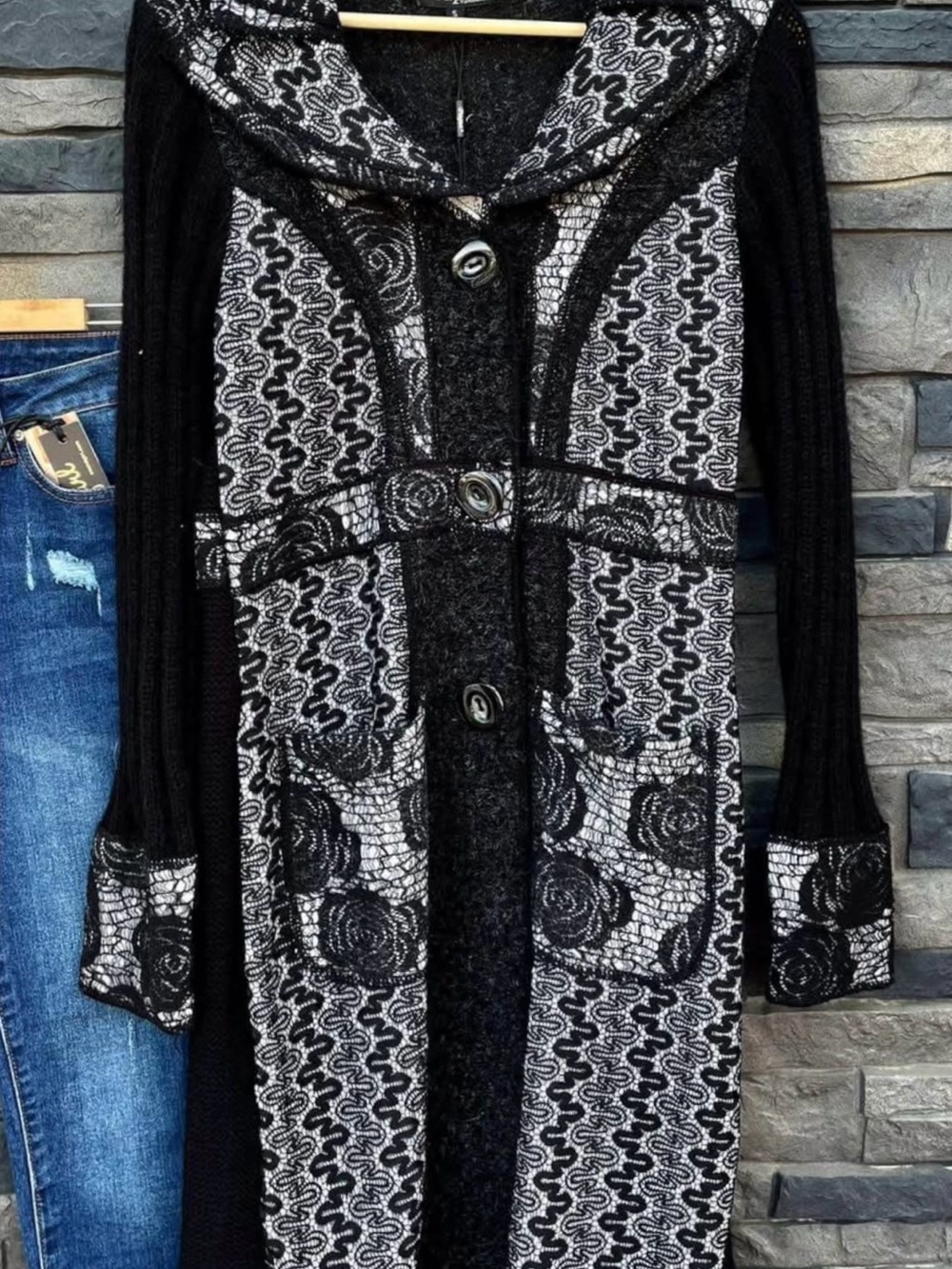 Black & White Patterned Long Knit Cardigan Sweater.